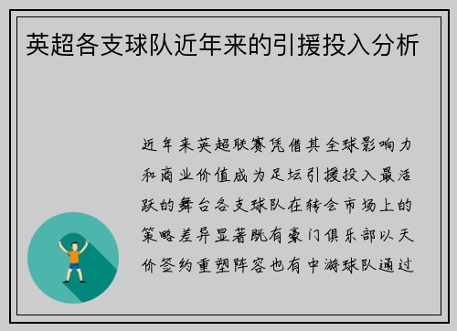 英超各支球队近年来的引援投入分析